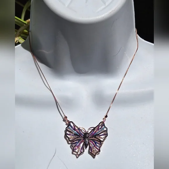 Gemstone Natural Sterling & Rosegold Butterfly Adjustable Necklace - Picture 11 of 12